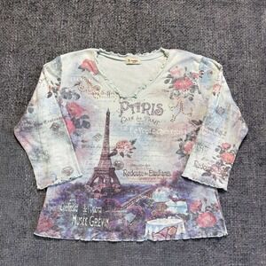 Cactus Paris Graphic Tee Women Small Blue Y2K Postcard Rhinestone Lettuce Trim